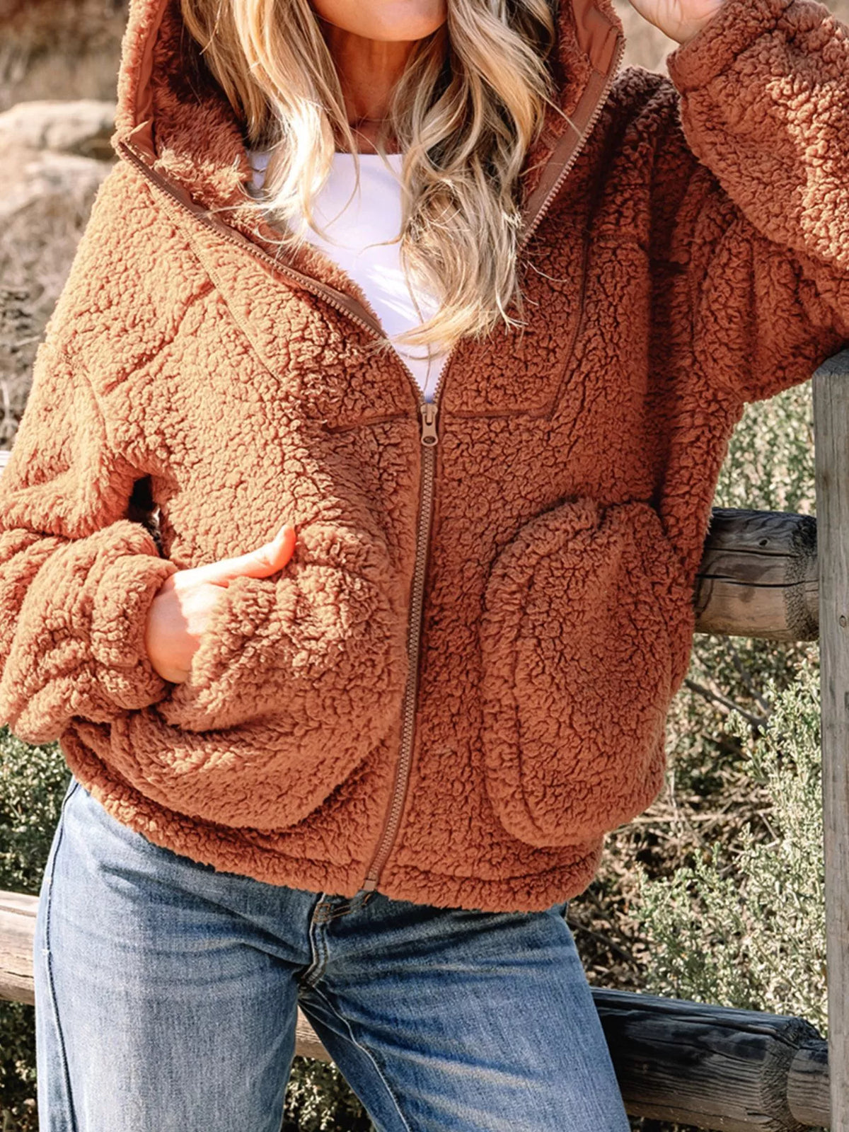 Women's Zip-Up Winter Teddy Jacket Pockets Oversized