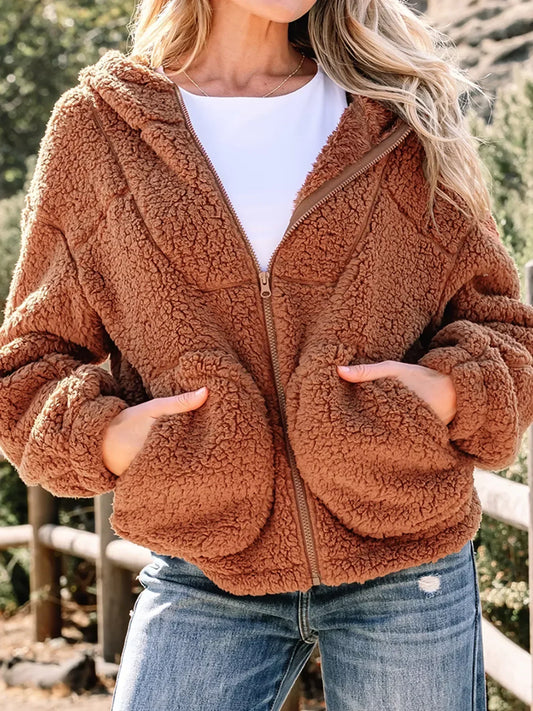 Women's Zip-Up Winter Teddy Jacket Pockets Oversized