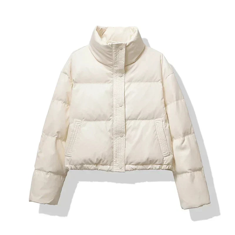 Women's Faux Leather Cropped Winter Puffer Jacket Pockets Button-Front