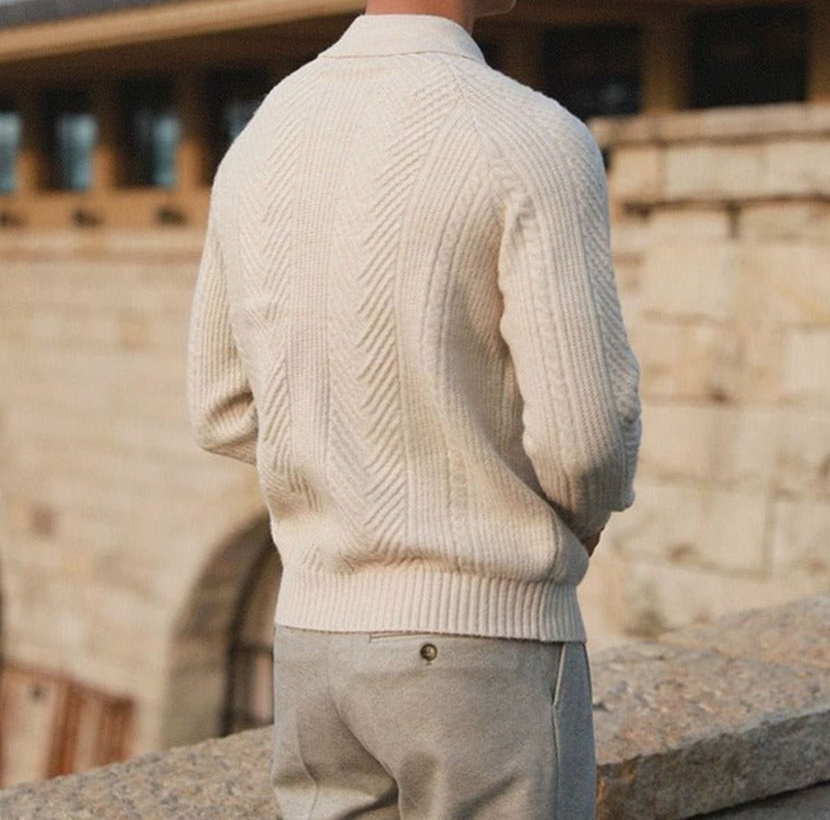 Men's Cable-Knit Collared Jumper Button Placket