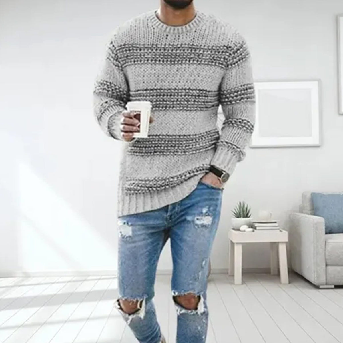 Men's Diamond-Knit Crew-Neck Knitted Jumper