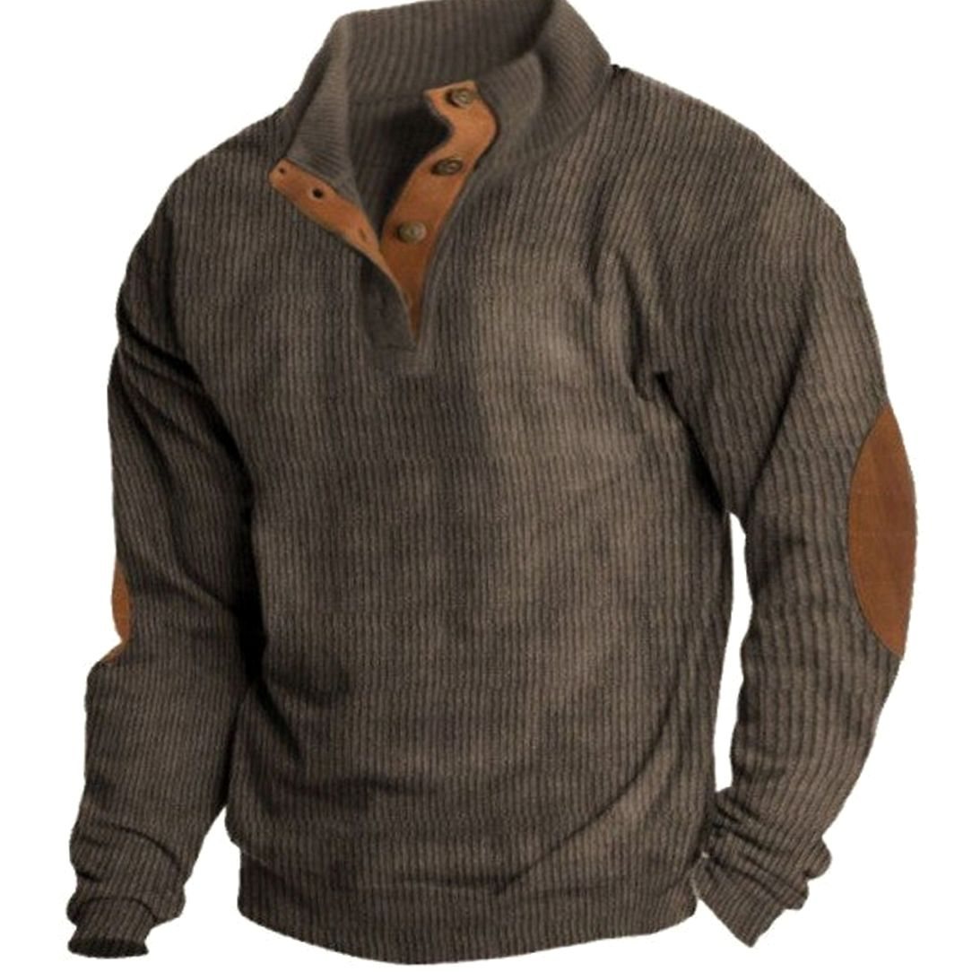 Men's Ribbed Corduroy Button-Neck Jumper Elbow Patches
